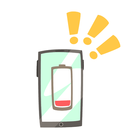 Smart phone with low battery symbol on the screen. Colorful cartoon Illustrationのイラスト素材
