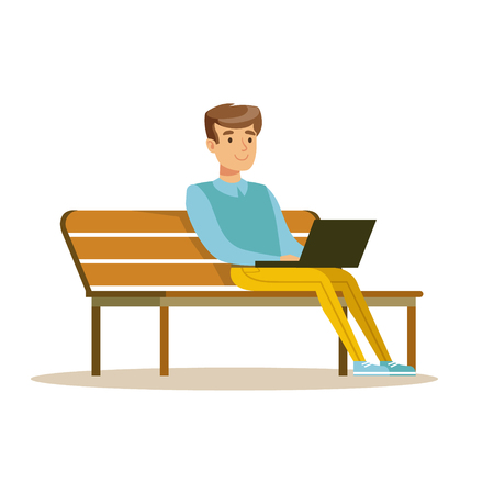 Young man sitting on a bench and working with laptop. Colorful character vector Illustrationのイラスト素材