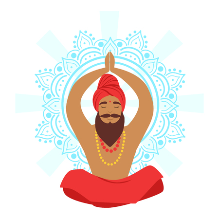Meditating yogi man in yoga lotus pose, colorful character vector Illustrationのイラスト素材