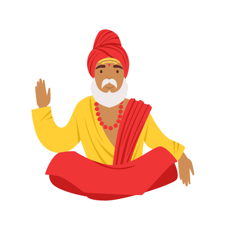 Yogi man in yoga lotus pose, wearing traditional Indian clothes. Colorful character vector Illustrationのイラスト素材