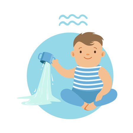 Cute little boy as Aquarius astrological sign. Horoscope symbol colorful character vector Illustrationのイラスト素材