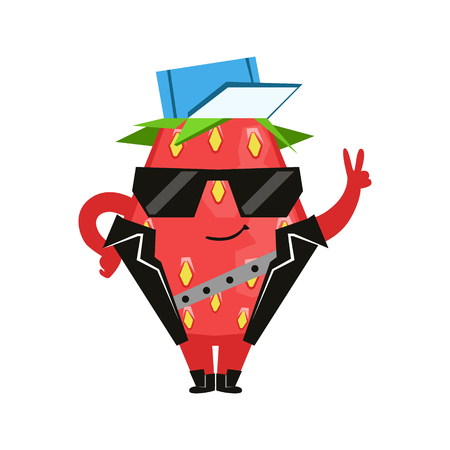 Funny strawberry in a black vest and glasses showing victory sign. Cute cartoon emoji character vector Illustrationのイラスト素材