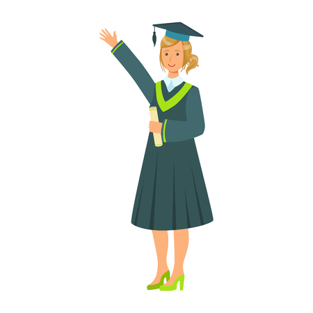 Graduate girl student in mantle holding diploma scroll and raising her hand up. Colorful cartoon illustrationのイラスト素材