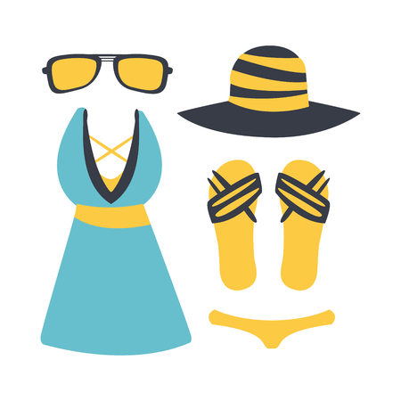 Swimsuit with beach accessories. Beach and tropical vacation. Colorful cartoon Illustrationのイラスト素材