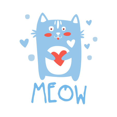 Cute cartoon cat with heart. Meow colorful hand drawn vector Illustration isolated on a white backgroundのイラスト素材