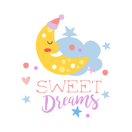 Cute cartoon sleeping crescent and cloud. Sweet dreams colorful hand drawn vector Illustration isolated on a white backgroundのイラスト素材