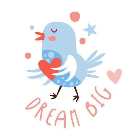 Cute cartoon bird with heart. Dream big colorful hand drawn vector Illustrationのイラスト素材