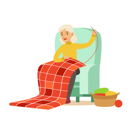 Grandmother sewing sitting in a chair. Colorful character vector Illustrationのイラスト素材