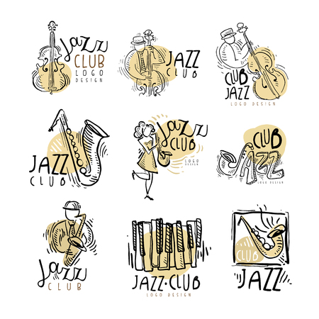 Jazz club labels set. Vintage hand drawn vector Illustrationsのイラスト素材