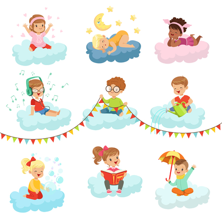 Lovely little boys and girls sitting on a clouds playing toys, listening music, reading book, sleeping, dreaming colorful characters vector Illustrationsのイラスト素材