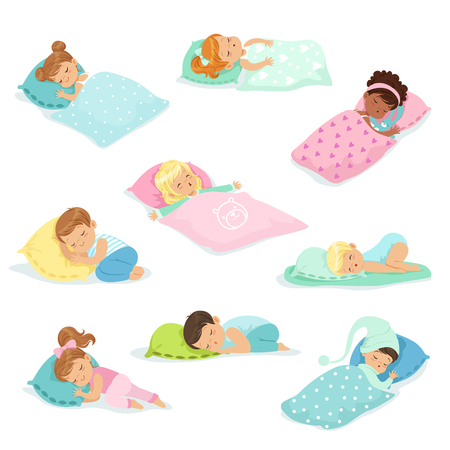 Adorable little boys and girls sleeping sweetly in their beds, colorful characters vector Illustrationsのイラスト素材