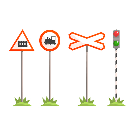 Railway intersection signs, different traffic signs for a railroad crossing. Colorful cartoon illustration isolated on a white backgroundのイラスト素材
