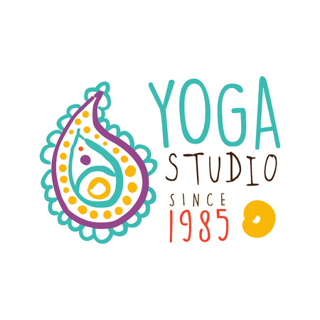 Yoga studio since 1985. Colorful hand drawn vector illustration for yoga, relax or spa center, health and beauty care labelのイラスト素材