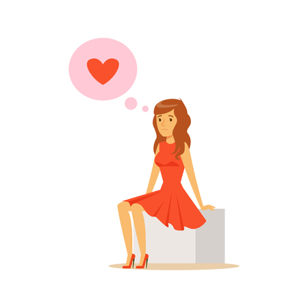 Sad lonely young woman in love sitting and dreaming colorful character vector Illustrationのイラスト素材