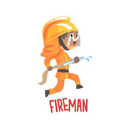 Cute cartoon fireman character using water hose vector Illustrationのイラスト素材
