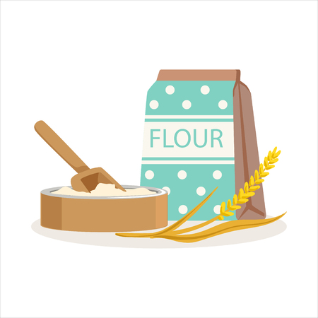 Flour in a craft paper bag and wooden bowl with scoop vector Illustrationのイラスト素材