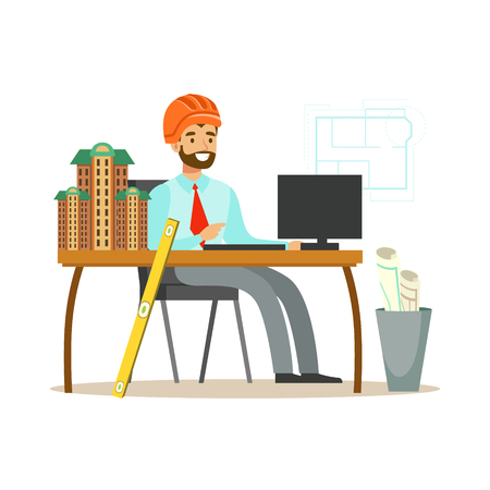 Young smiling architect working on his project at office, colorful character vector Illustration isolated on a white backgroundのイラスト素材