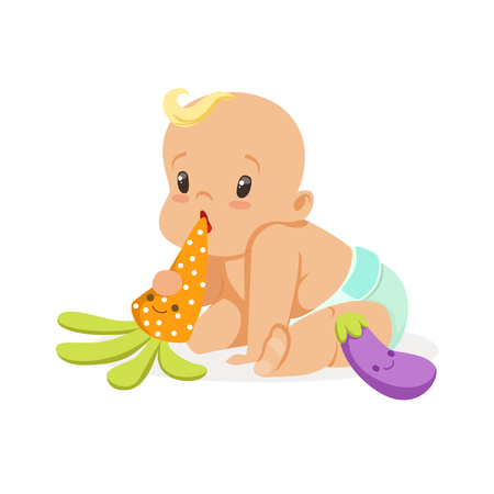 Adorable baby in a diaper sitting and playing with teether toys, colorful cartoon character vector Illustration isolated on a white backgroundのイラスト素材