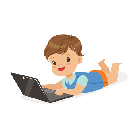 Happy little boy lying on the floor using laptop for playing. Child and modern technology colorful cartoon character vector Illustrationのイラスト素材