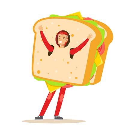 Man wearing sandwich costume, fast food snack character vector Illustrationのイラスト素材