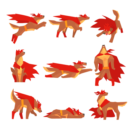 Dog superhero character set, dog in different poses with red cape vector Illustrationsのイラスト素材