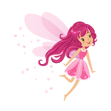 Beautiful smiling pink Fairy girl flying colorful cartoon character vector Illustration isolated on a white backgroundのイラスト素材