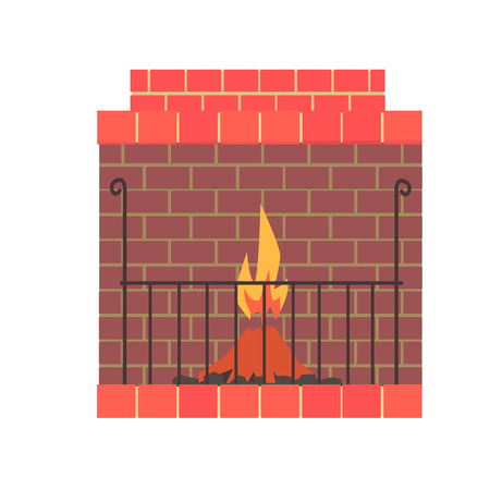 Brick home fireplace with fire vector Illustration isolated on a white backgroundのイラスト素材