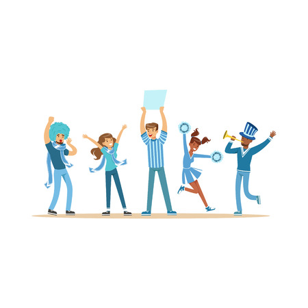 Group of sport fans in blue outfit supporting their team shouting and cheering vector Illustration isolated on a white backgroundのイラスト素材