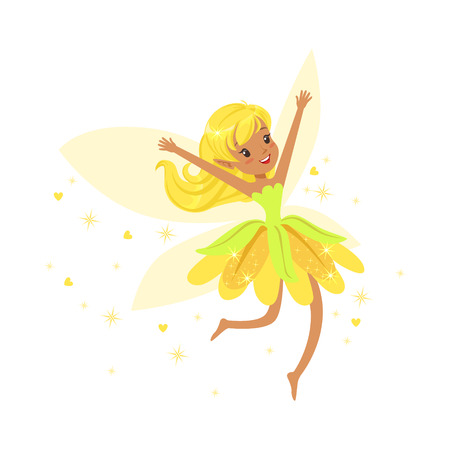 Beautiful smiling yellow Fairy girl flying colorful cartoon character vector Illustrationのイラスト素材