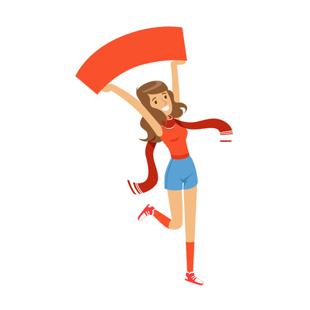 Smiling football fan girl character in red holding blank banner over her head vector Illustrationのイラスト素材