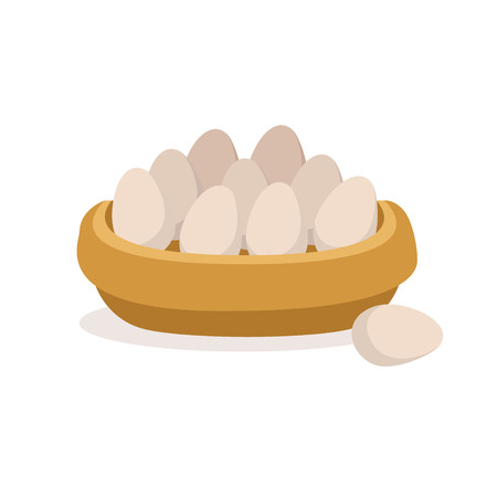 Wooden bowl full of fresh farm eggs, poultry breeding vector Illustrationのイラスト素材
