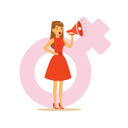 Woman in a red dress shouting into a megaphone, feminism colorful character vector Illustration on background of a female pink gender symbolのイラスト素材