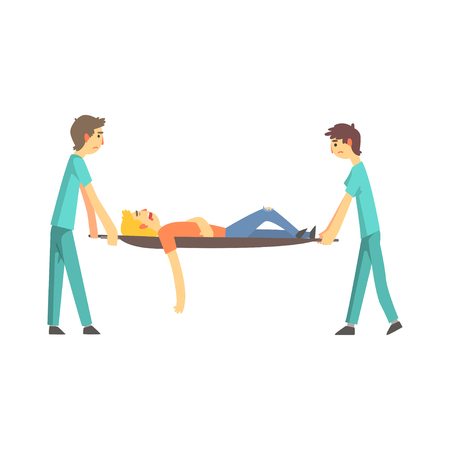 Paramedic giving help to an injured person after accident cartoon characters vector Illustration isolated on a white backgroundのイラスト素材