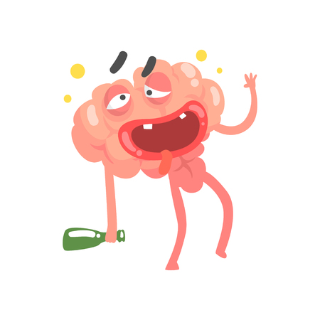 Drunk humanized cartoon brain character walking with a bottle, intellect human organ vector Illustration isolated on a white backgroundのイラスト素材