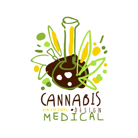 Medical cannabis label original design, graphic template colorful hand drawn vector Illustrationのイラスト素材