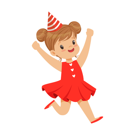 Happy smiling baby girl wearing a red dress and party hat jumping. Childrens birthday party colorful cartoon character vector Illustrationのイラスト素材