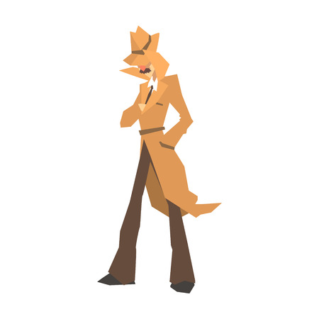 Disguised detective character in brown coat searching, private investigator, inspector or police officer vector Illustrationのイラスト素材