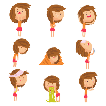 Cartoon unhappy girl suffering from pain with symptoms of diseases in various pose, set of colorful detailed vector Illustrations isolated on white backgroundのイラスト素材