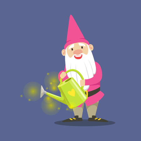 Cute dwarf gardener in pink clothes standing and holding a watering can vector Illustration on a blue backgroundのイラスト素材