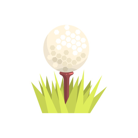 Golf ball on a tee tee in green grass, golf sport equipment cartoon vector Illustrationのイラスト素材