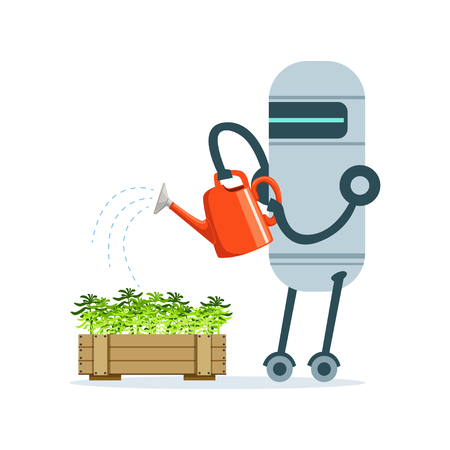Housemaid robot character with watering can feeding plants vector Illustration isolated on a white backgroundのイラスト素材