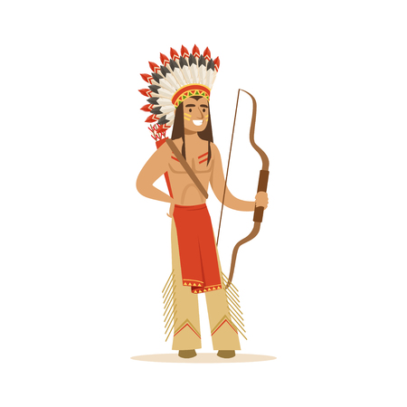 Native american indian in traditional indian clothing with a bow vector Illustration isolated on a white backgroundのイラスト素材