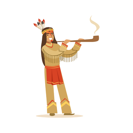 Native american indian in traditional indian clothing smoking pipe vector Illustration isolated on a white backgroundのイラスト素材