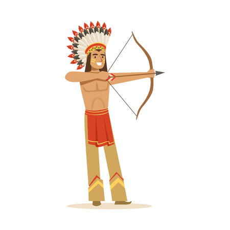 Native american indian in traditional indian clothing shooting a bow and arrow vector Illustrationのイラスト素材