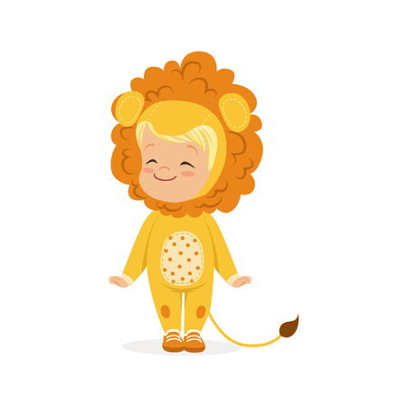 Cute happy little boy dressed as a lion cub, kids carnival costume vector Illustrationのイラスト素材