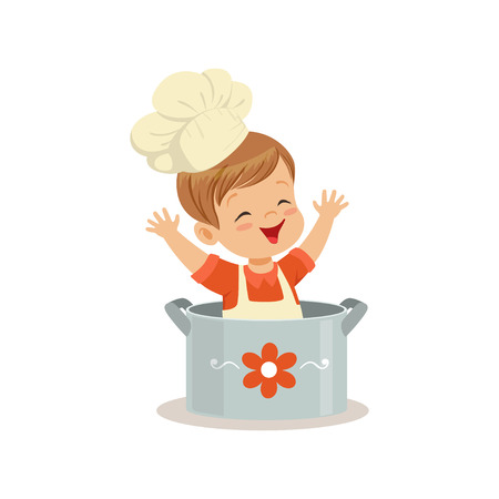 Cute little boy chef sitting in the pot vector Illustrationのイラスト素材