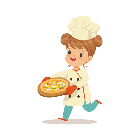 Cute little girl running with a freshly cooked pizza vector Illustrationのイラスト素材