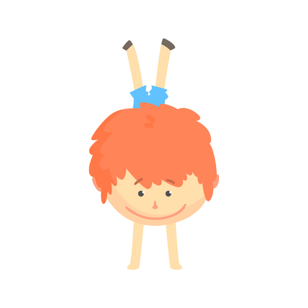 Smiling cartoon redhead boy standing upside down on his hands, kids activity colorful character vector Illustrationのイラスト素材