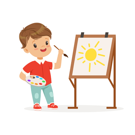 Cute little boy painting sun on an easel, kids creativity, education and child development, colorful character vector Illustrationのイラスト素材