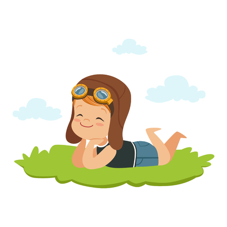 Sweet little boy in pilots helmet lying on his stomach on a grass and dreaming, kids imagination and fantasy, colorful character vector Illustrationのイラスト素材